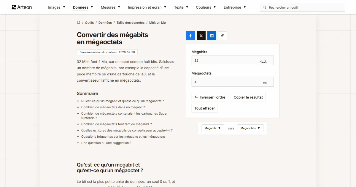 Capture d'écran de l'outil gratuit d'Arteon: Convertir des mégabits en mégaoctets