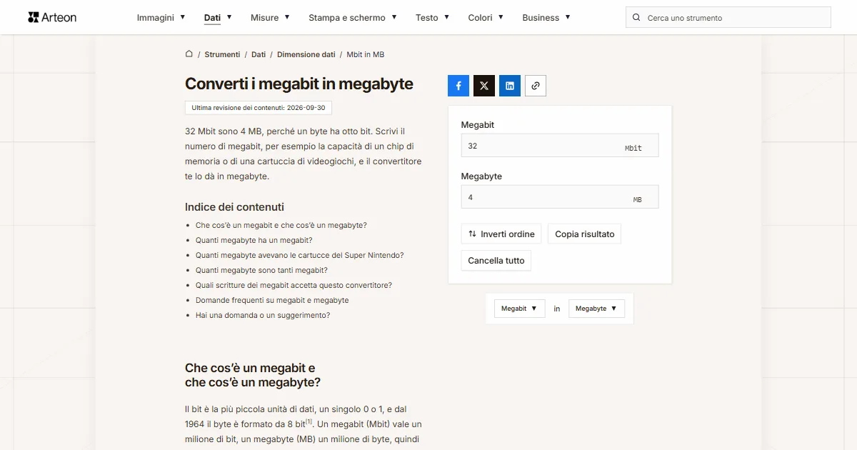 Screenshot dello strumento gratuito Arteon: Converti i megabit in megabyte
