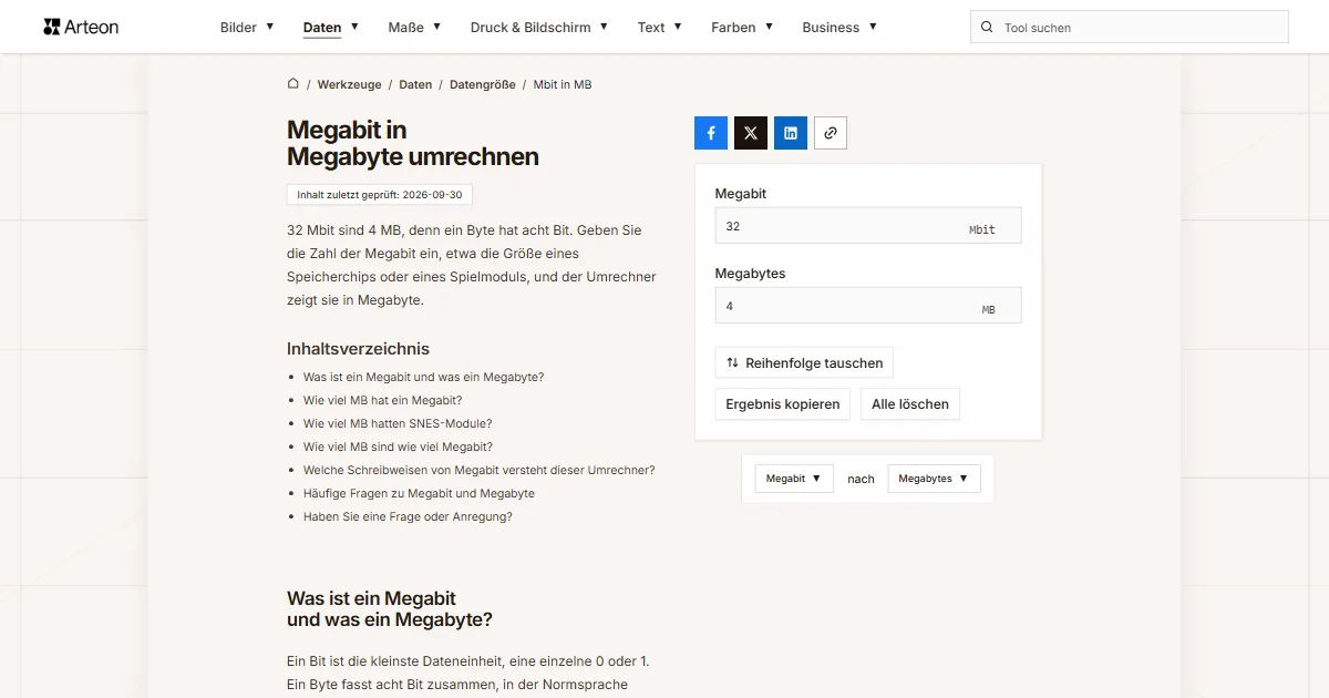 Screenshot des kostenlosen Arteon-Werkzeugs: Megabit in Megabyte umrechnen