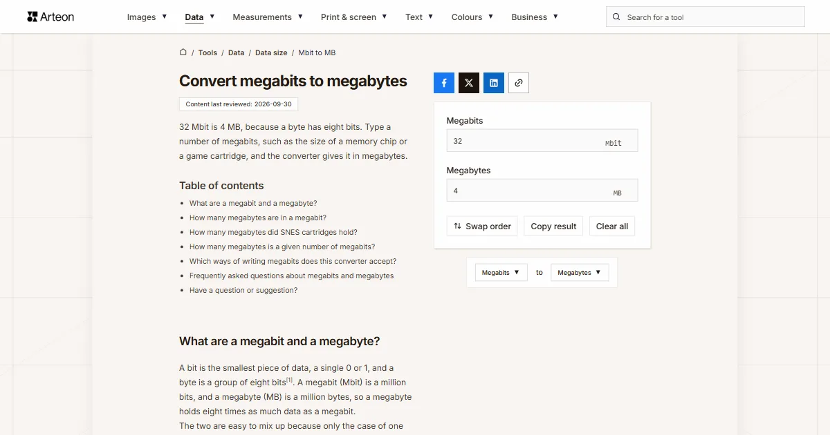 Arteon free tool screenshot: Convert megabits to megabytes