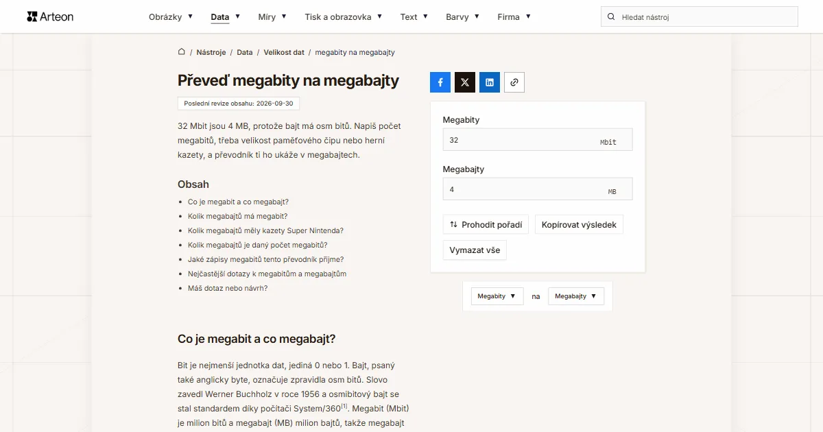 Snímek obrazovky bezplatného nástroje Arteon: Převeď megabity na megabajty