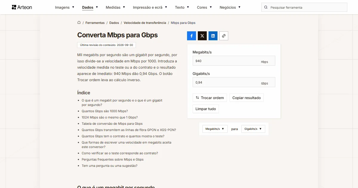 Mbps para Gbps
