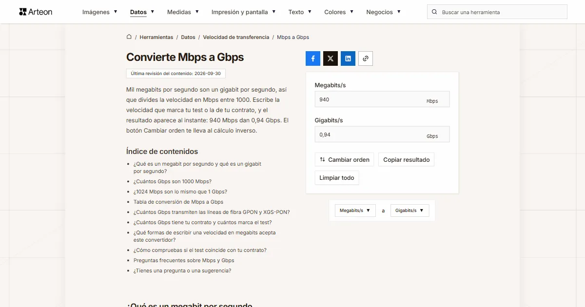 Captura de pantalla de la herramienta gratuita de Arteon: Convierte Mbps a Gbps