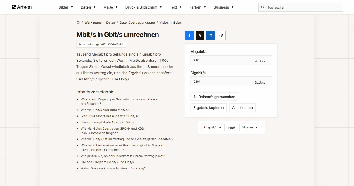 Screenshot des kostenlosen Arteon-Werkzeugs: Mbit/s in Gbit/s umrechnen