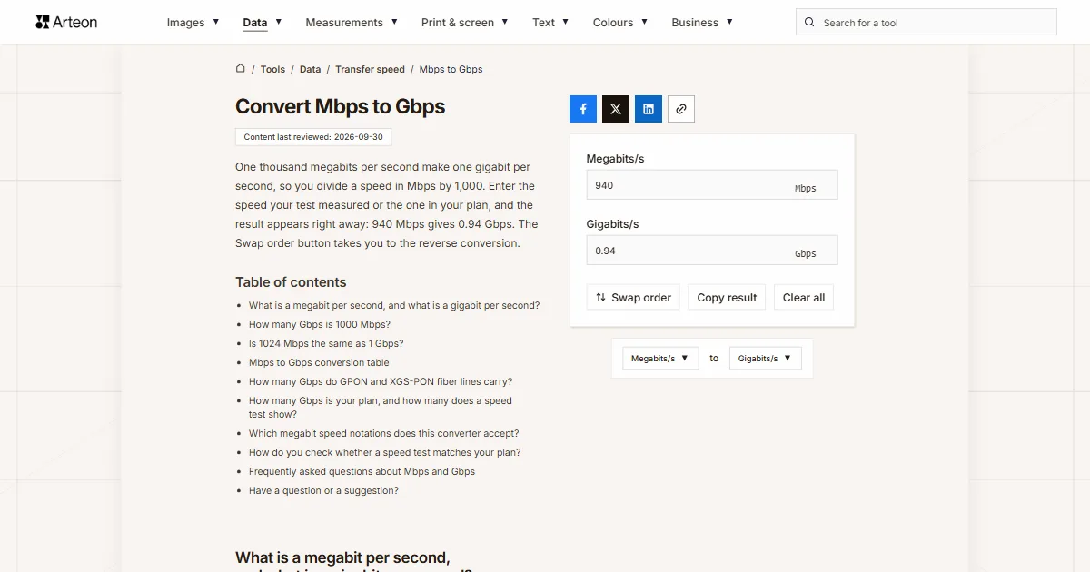 Arteon free tool screenshot: Convert Mbps to Gbps