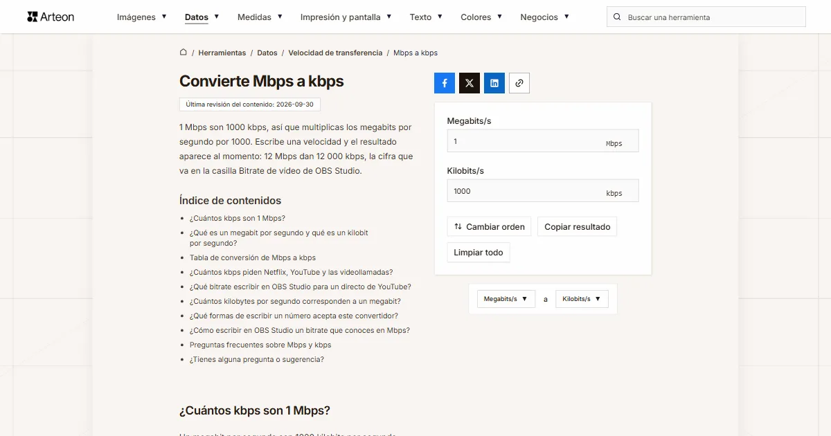 Captura de pantalla de la herramienta gratuita de Arteon: Convierte Mbps a kbps