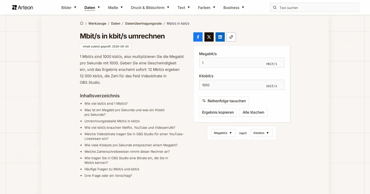 Mbit/s in kbit/s