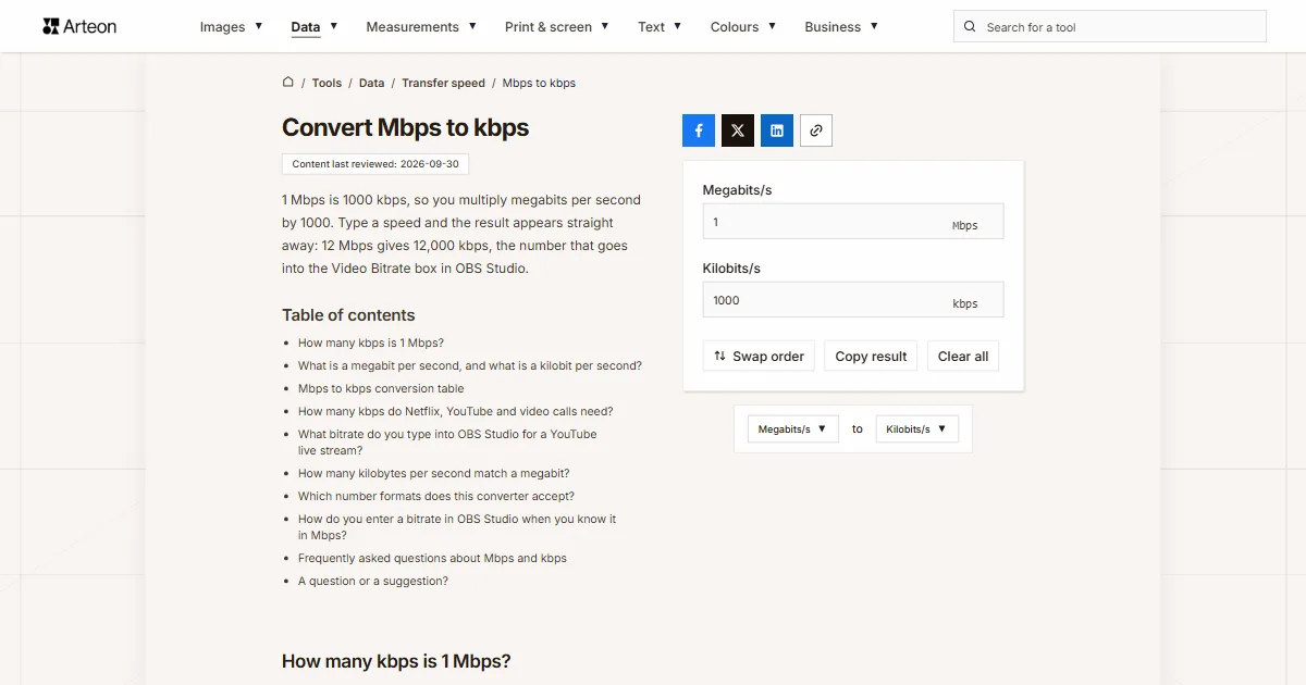 Arteon free tool screenshot: Convert Mbps to kbps