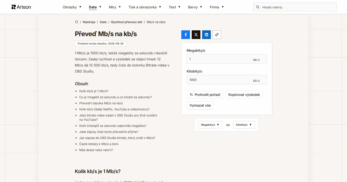 Snímek obrazovky bezplatného nástroje Arteon: Převeď Mb/s na kb/s