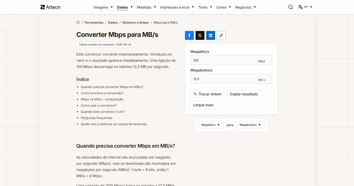 Captura de ecrã da ferramenta gratuita da Arteon: Mbps para MB/s