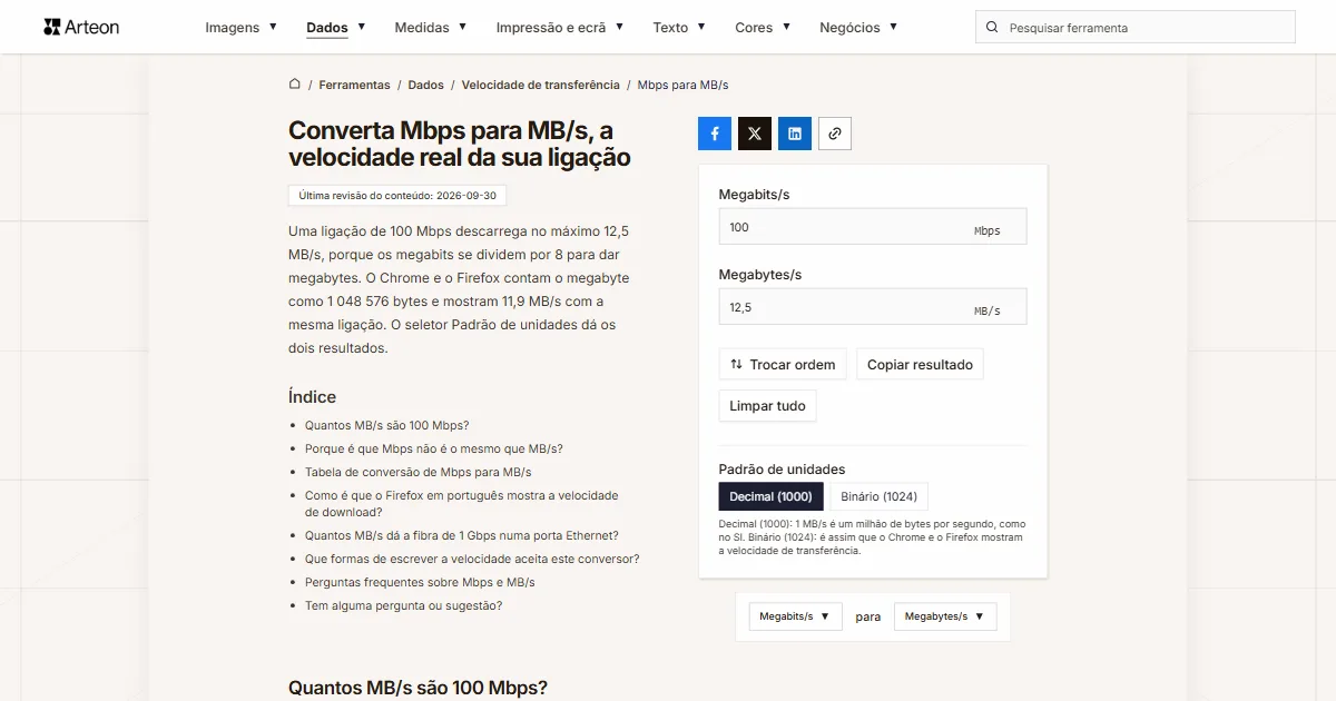 Captura de ecrã da ferramenta gratuita da Arteon: Converta Mbps para MB/s, a velocidade real da sua ligação
