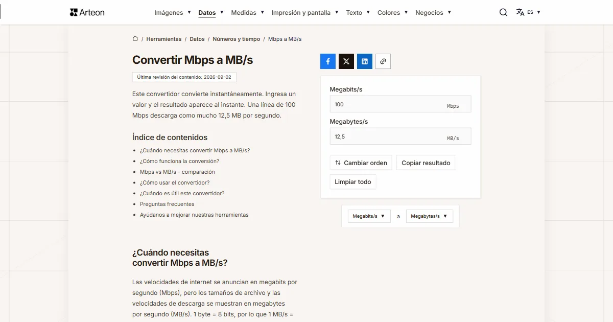Captura de pantalla de la herramienta gratuita de Arteon: Mbps a MB/s