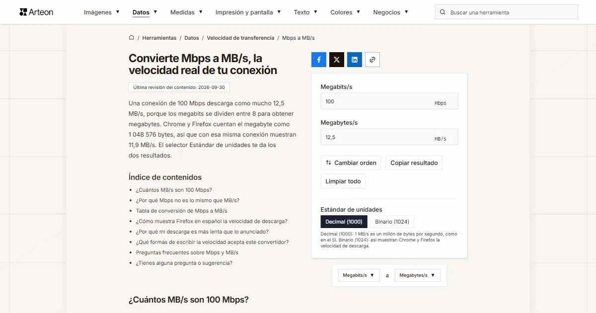 Captura de pantalla de la herramienta gratuita de Arteon: Convierte Mbps a MB/s, la velocidad real de tu conexión