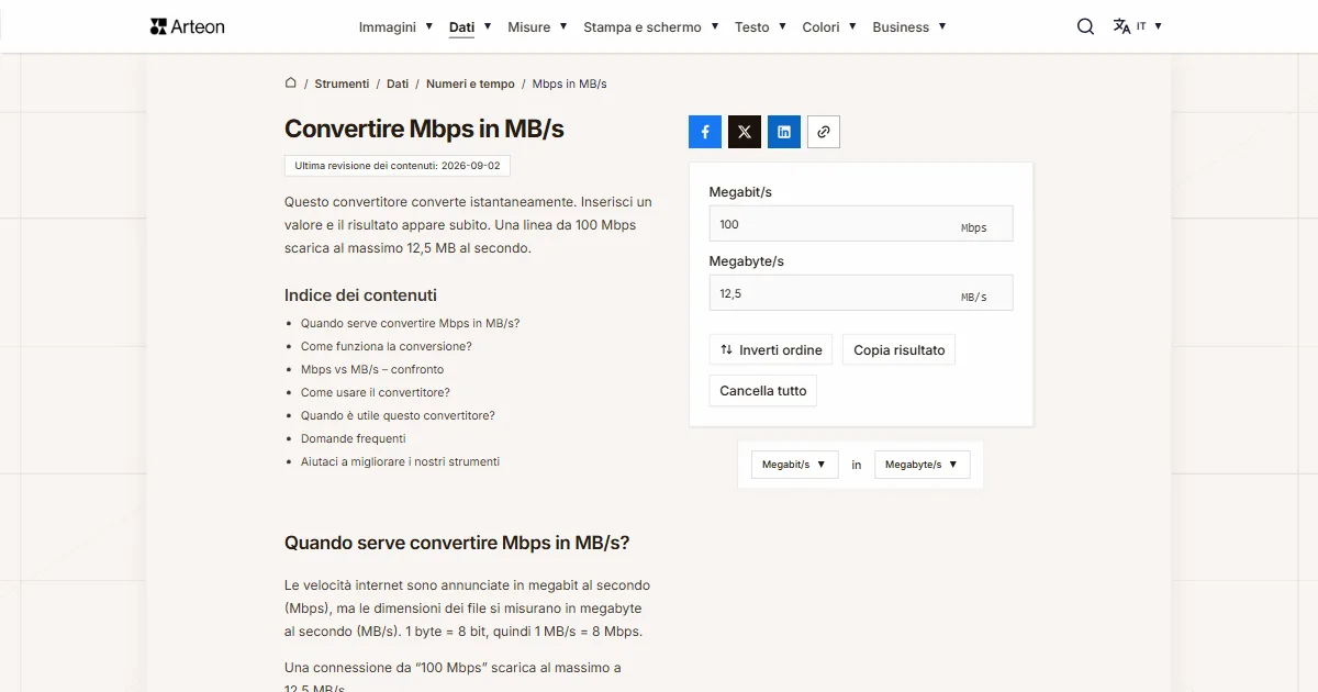 Screenshot dello strumento gratuito Arteon: Mbps in MB/s
