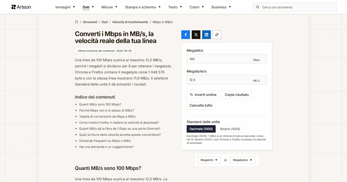 Screenshot dello strumento gratuito Arteon: Converti i Mbps in MB/s, la velocità reale della tua linea