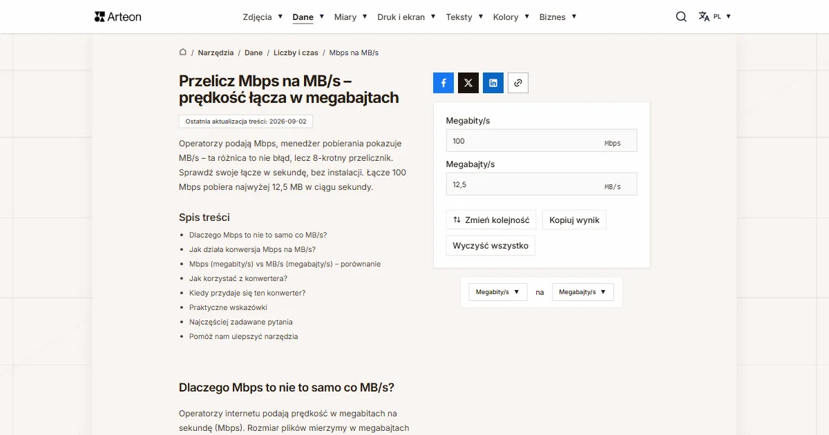 Zrzut ekranu darmowego narzędzia Arteon: Mbps na MB/s