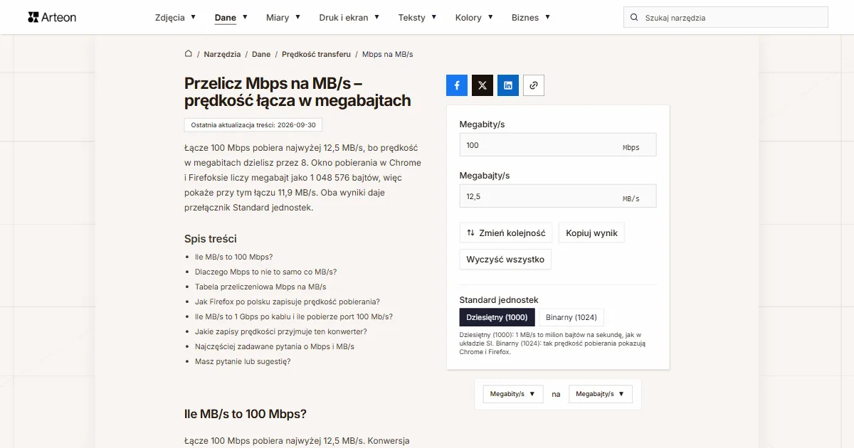 Zrzut ekranu darmowego narzędzia Arteon: Przelicz Mbps na MB/s – prędkość łącza w megabajtach