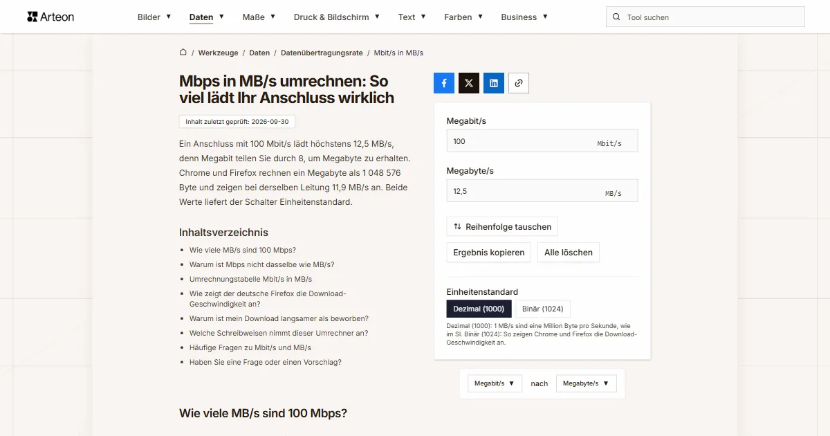 Mbit/s in MB/s