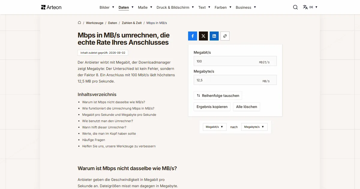 Screenshot des kostenlosen Arteon-Werkzeugs: Mbps in MB/s