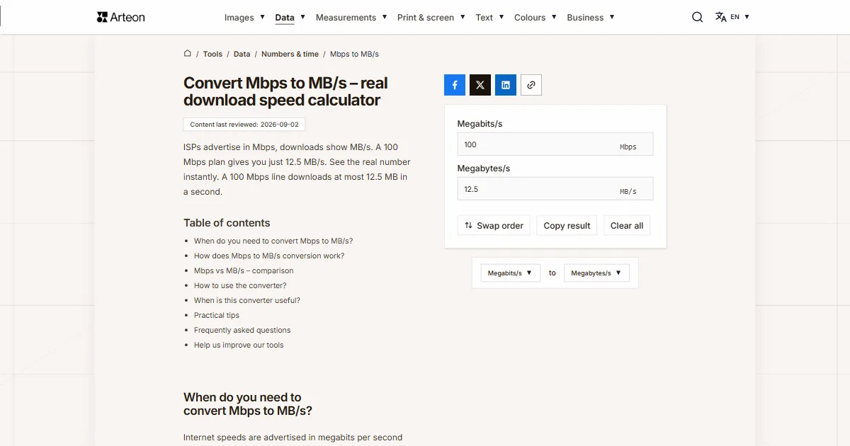 Arteon free tool screenshot: Convert Mbps to MB/s – real download speed calculator