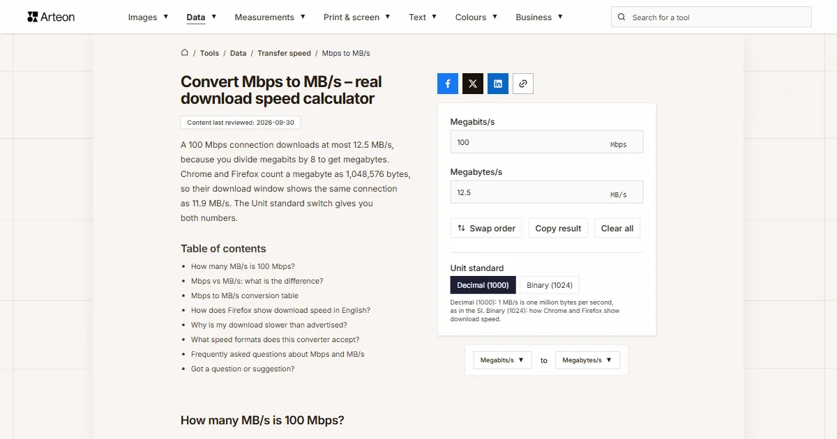 Arteon free tool screenshot: Convert Mbps to MB/s – real download speed calculator
