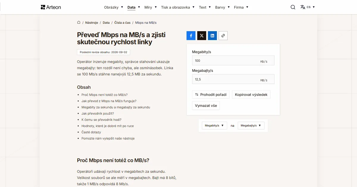 Snímek obrazovky bezplatného nástroje Arteon: Mbps na MB/s