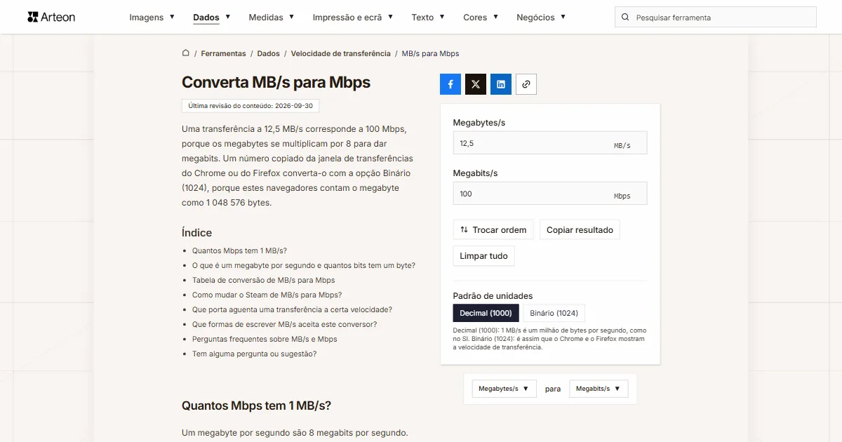 Captura de ecrã da ferramenta gratuita da Arteon: Converta MB/s para Mbps