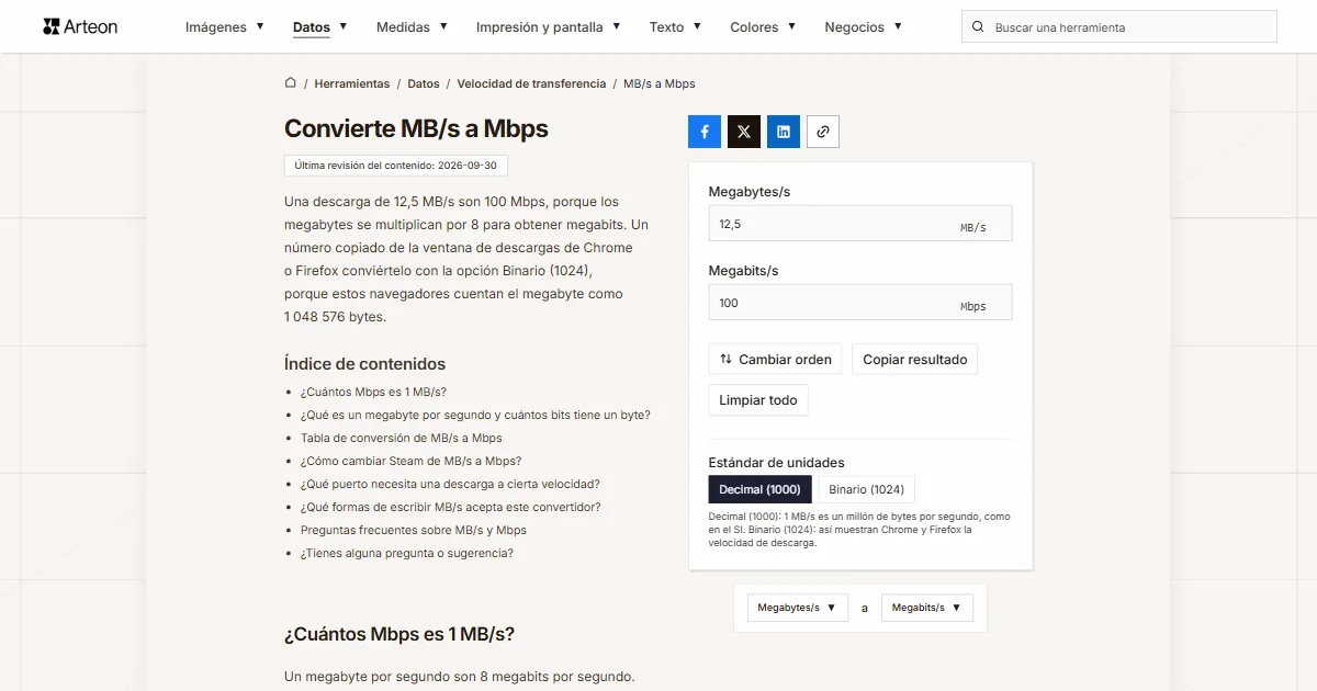 Captura de pantalla de la herramienta gratuita de Arteon: Convierte MB/s a Mbps