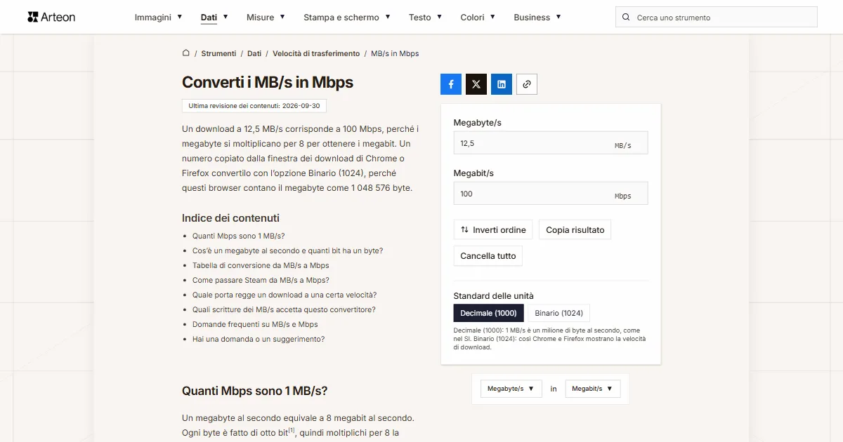 Screenshot dello strumento gratuito Arteon: Converti i MB/s in Mbps
