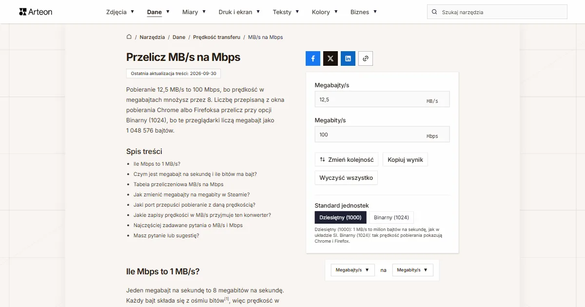 Zrzut ekranu darmowego narzędzia Arteon: Przelicz MB/s na Mbps