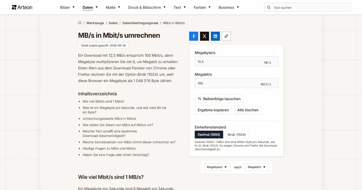 Screenshot des kostenlosen Arteon-Werkzeugs: MB/s in Mbit/s umrechnen