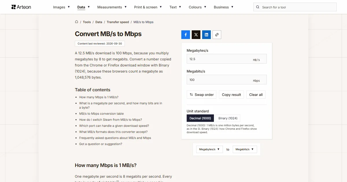 Arteon free tool screenshot: Convert MB/s to Mbps
