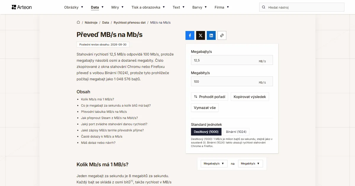 Snímek obrazovky bezplatného nástroje Arteon: Převeď MB/s na Mb/s