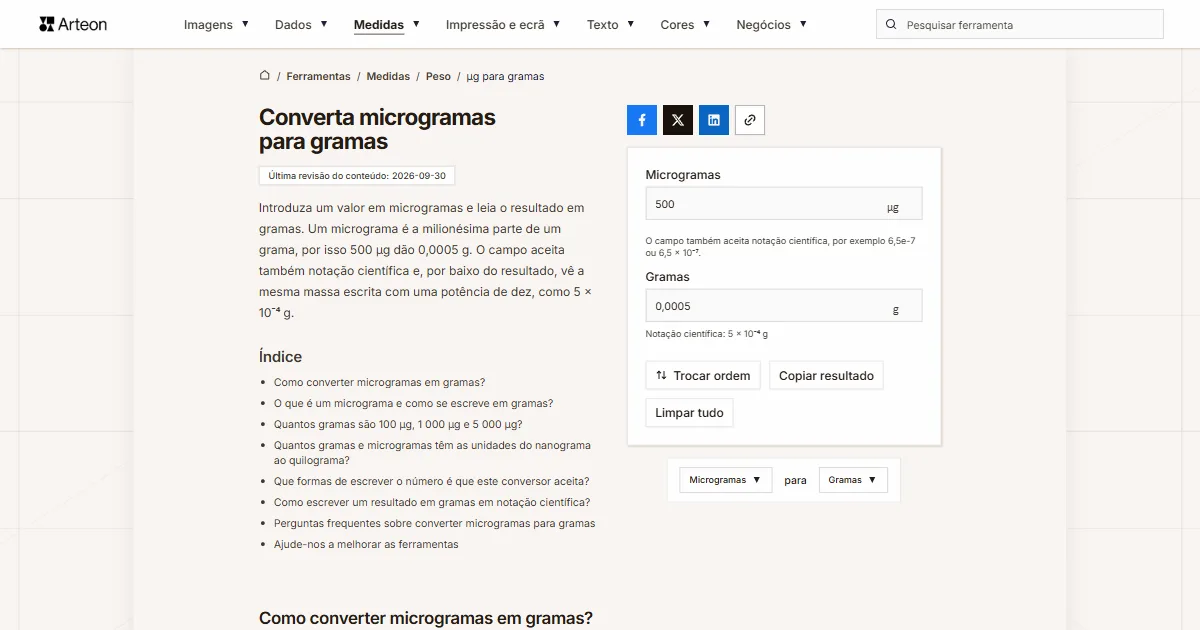 Captura de ecrã da ferramenta gratuita da Arteon: Converta microgramas para gramas
