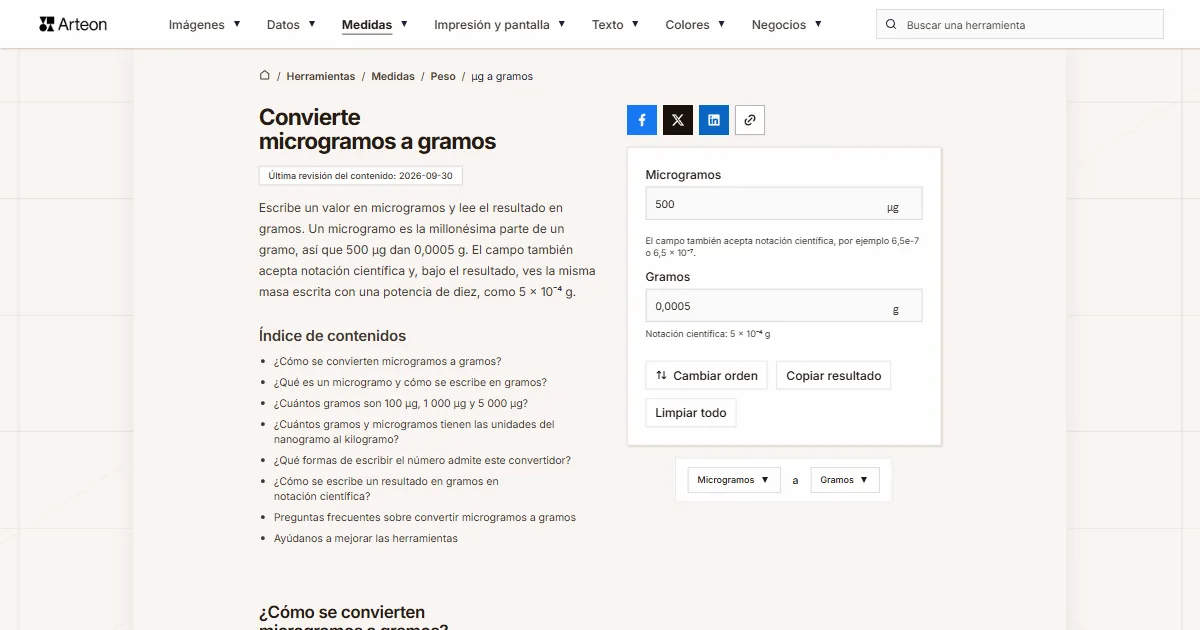 Captura de pantalla de la herramienta gratuita de Arteon: Convierte microgramos a gramos