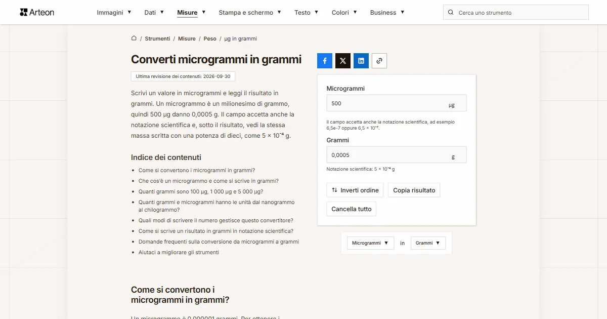 Screenshot dello strumento gratuito Arteon: Converti microgrammi in grammi