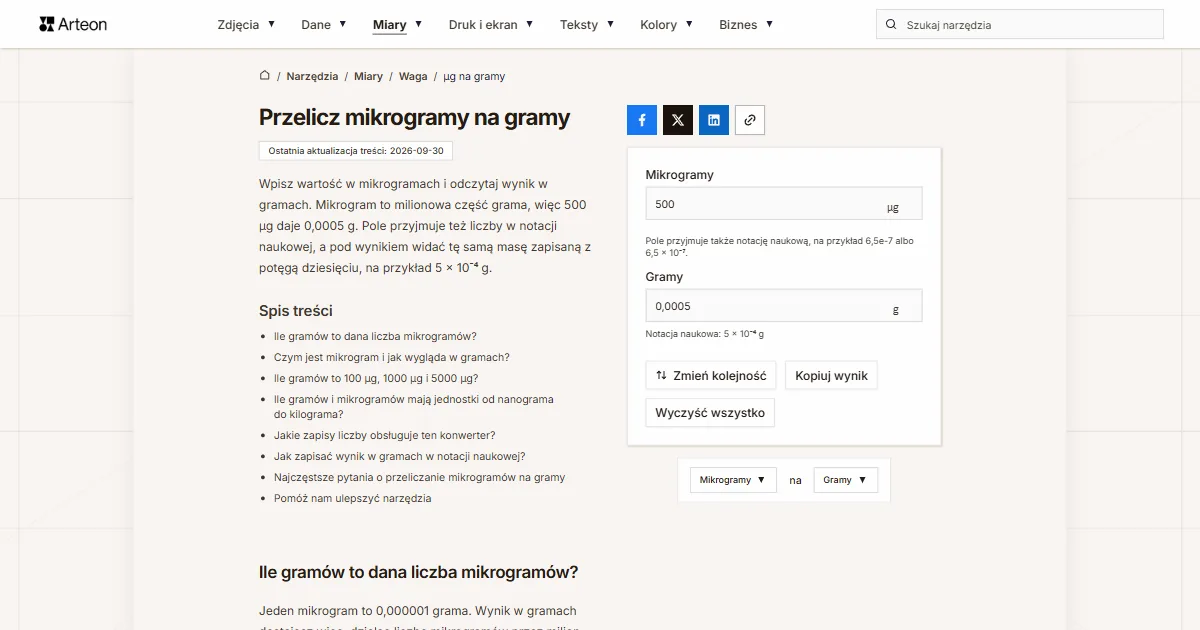 Zrzut ekranu darmowego narzędzia Arteon: Przelicz mikrogramy na gramy