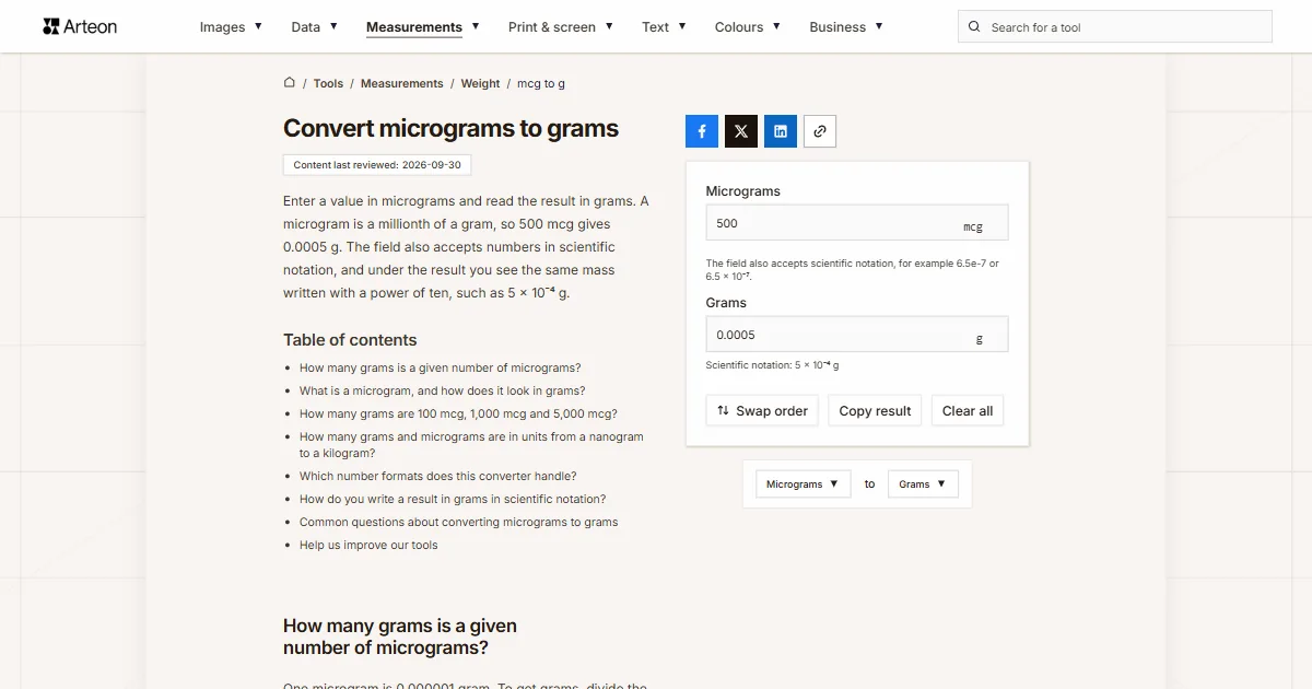 Arteon free tool screenshot: Convert micrograms to grams