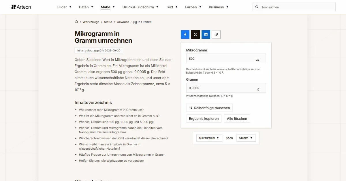 Screenshot des kostenlosen Arteon-Werkzeugs: Mikrogramm in Gramm umrechnen
