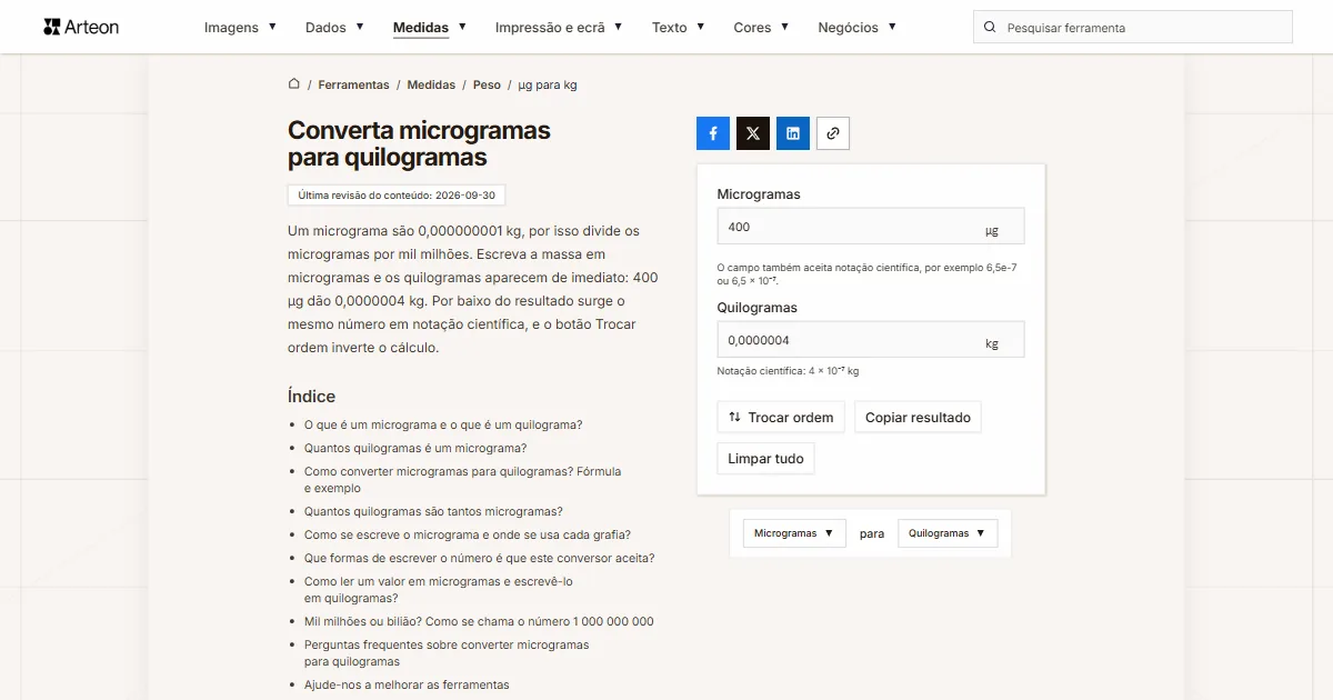 Captura de ecrã da ferramenta gratuita da Arteon: Converta microgramas para quilogramas