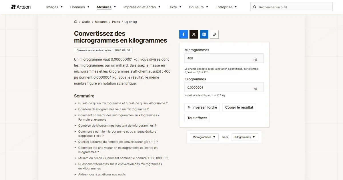 Capture d'écran de l'outil gratuit d'Arteon: Convertissez des microgrammes en kilogrammes