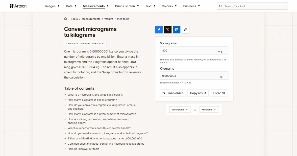 Arteon free tool screenshot: Convert micrograms to kilograms