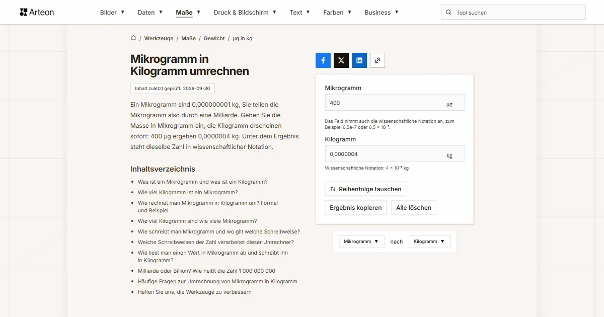 Screenshot des kostenlosen Arteon-Werkzeugs: Mikrogramm in Kilogramm umrechnen