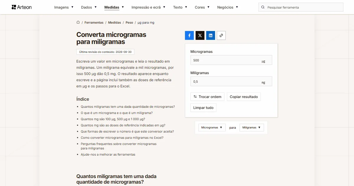 Captura de ecrã da ferramenta gratuita da Arteon: Converta microgramas para miligramas