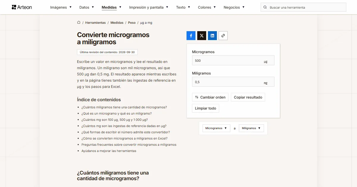 Captura de pantalla de la herramienta gratuita de Arteon: Convierte microgramos a miligramos