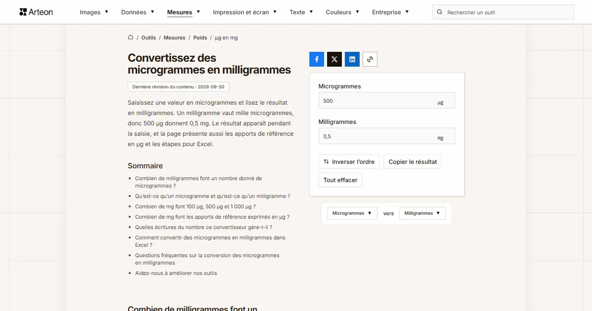 Capture d'écran de l'outil gratuit d'Arteon: Convertissez des microgrammes en milligrammes
