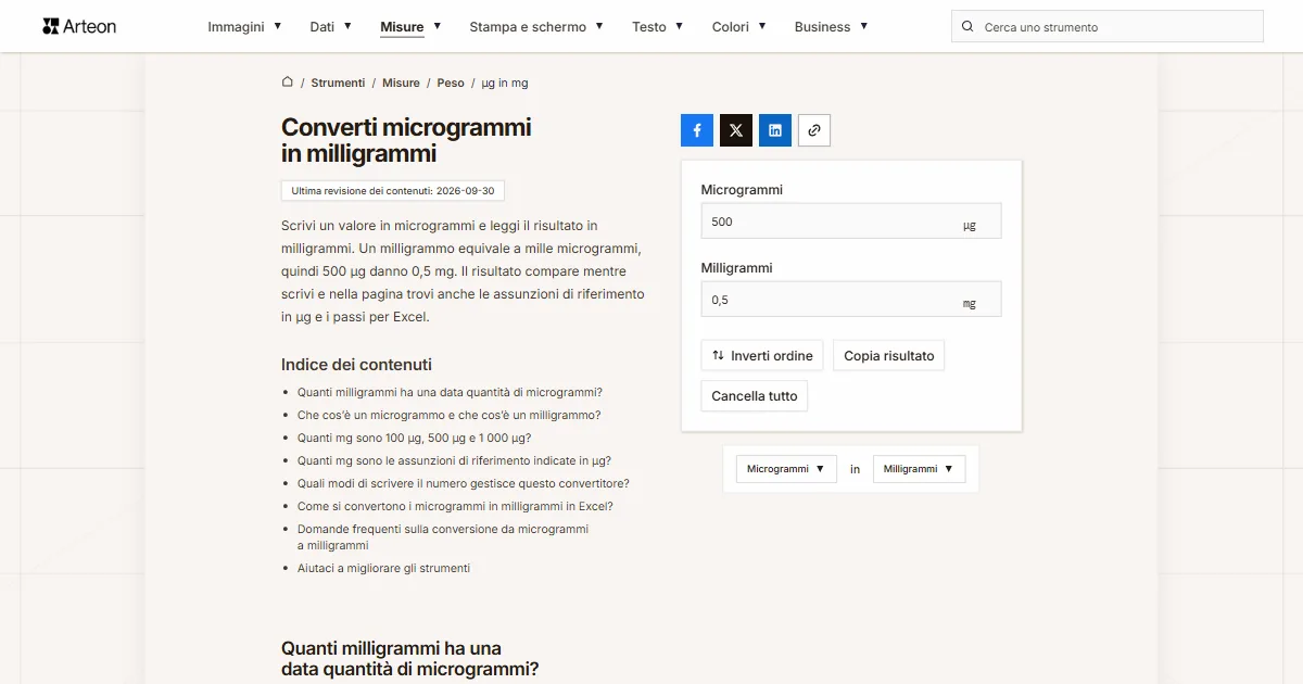 Screenshot dello strumento gratuito Arteon: Converti microgrammi in milligrammi