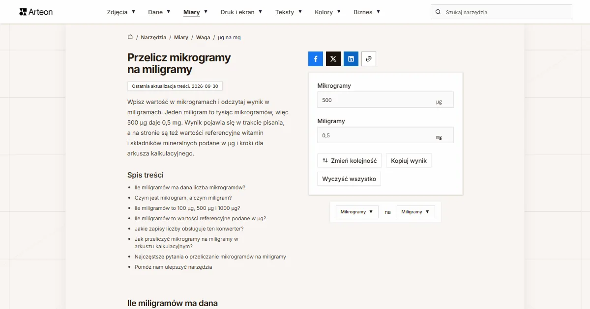 Zrzut ekranu darmowego narzędzia Arteon: Przelicz mikrogramy na miligramy
