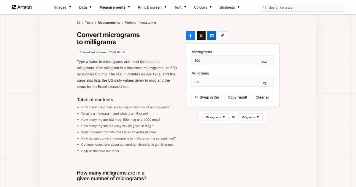 Arteon free tool screenshot: Convert micrograms to milligrams