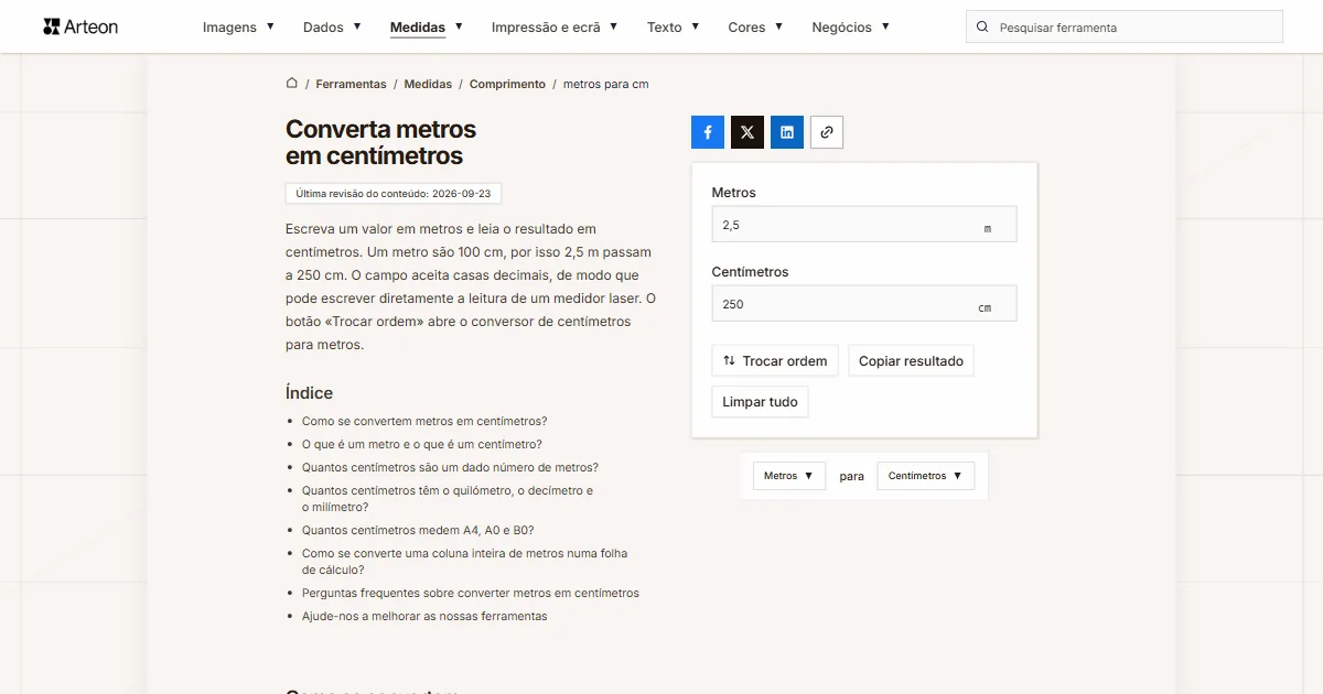 Captura de ecrã da ferramenta gratuita da Arteon: Converta metros em centímetros